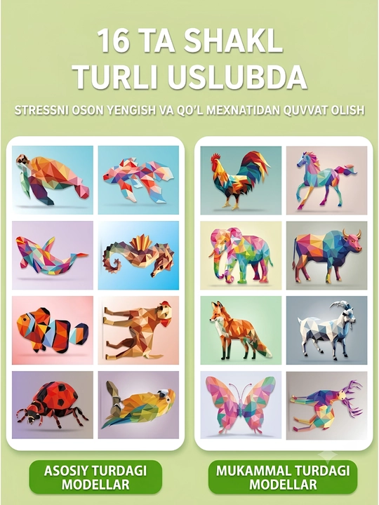3D Geometrik Kollaj Stikerlari — Bolalar Uchun Mozaika Pazl, Asosiy va Kengaytirilgan, 3+
