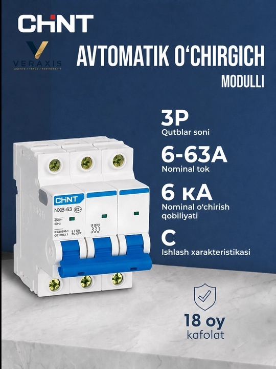 Аvtomatik o‘chirgichi CHINT NXB-63 3P 6-63A 6 kA, tavsifi C - 
