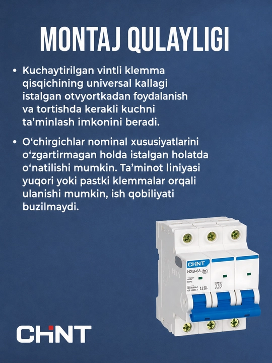 Аvtomatik o‘chirgichi CHINT NXB-63 3P 6-63A 6 kA, tavsifi C