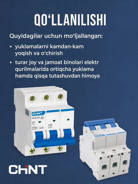 Аvtomatik o‘chirgichi CHINT NXB-63 3P 6-63A 6 kA, tavsifi C