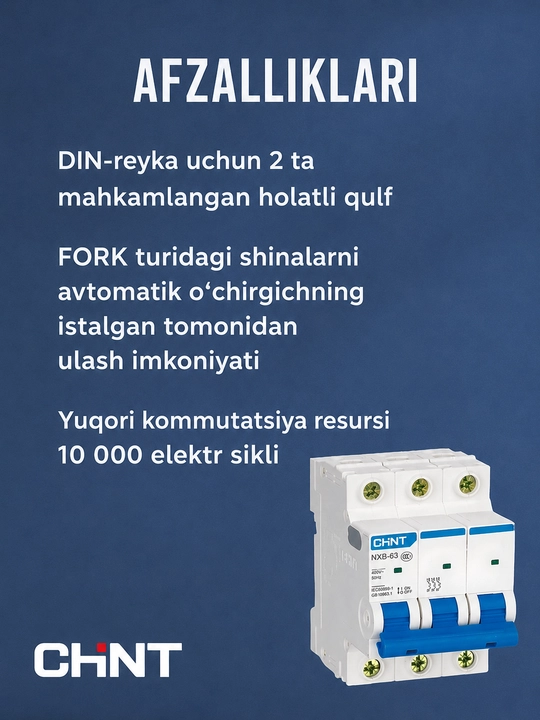 Аvtomatik o‘chirgichi CHINT NXB-63 3P 6-63A 6 kA, tavsifi C