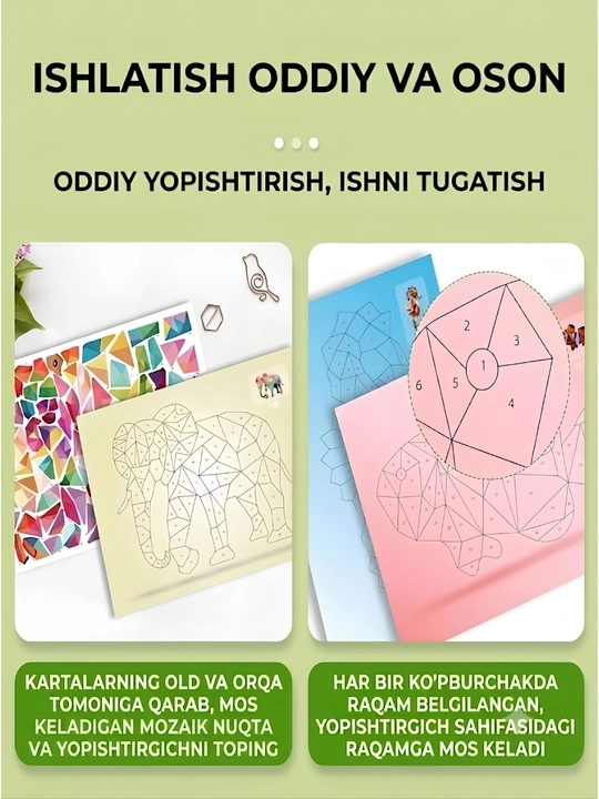3D Geometrik Kollaj Stikerlari — Bolalar Uchun Mozaika Pazl, Asosiy va Kengaytirilgan, 3+