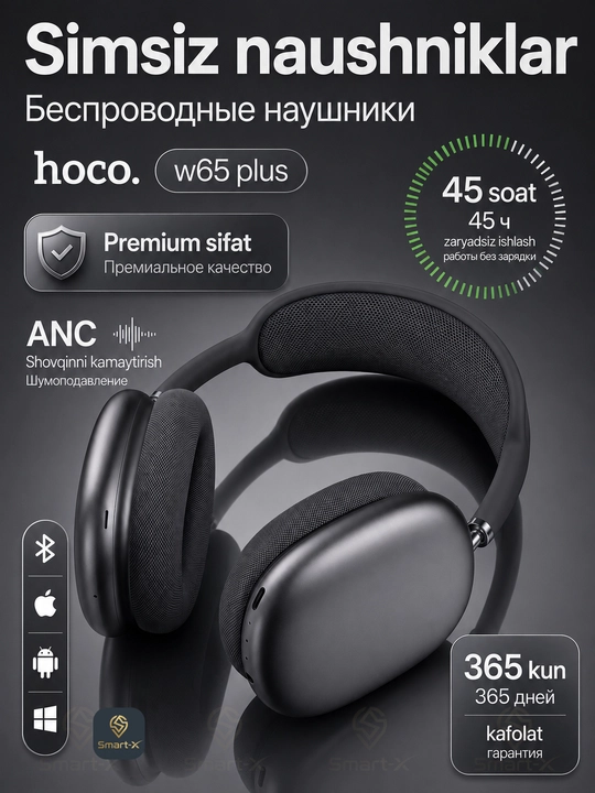 Беспроводные наушники HOCO W65 Plus, Bluetooth 5.4, ANC, 45 часов - 