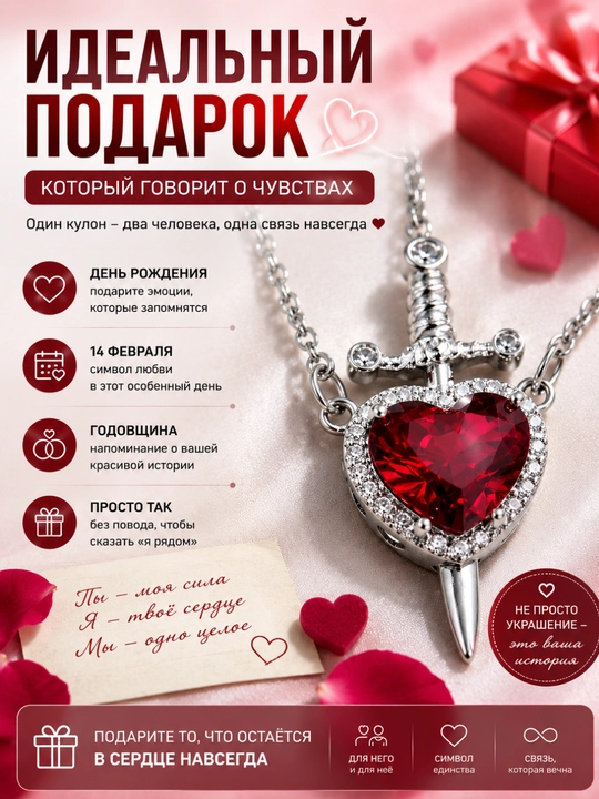 Парные кулоны «Сердце и меч» для влюблённых, символ любви
