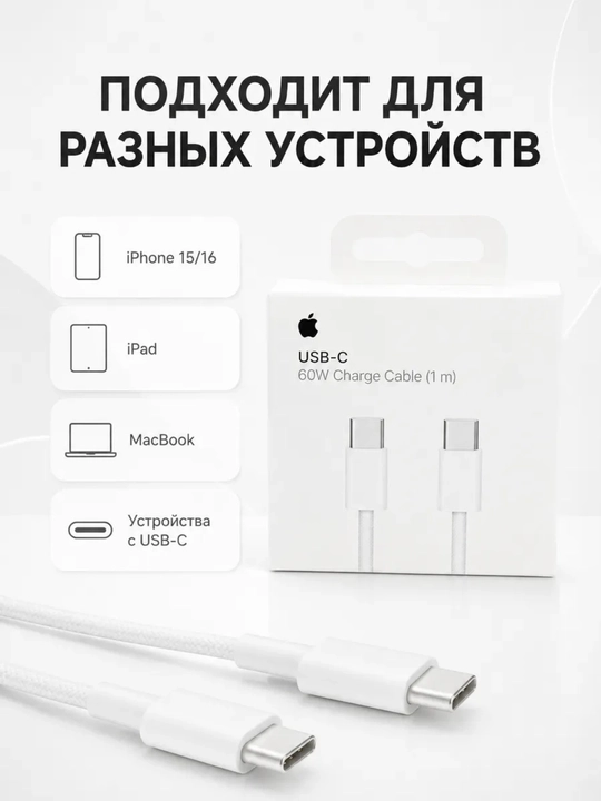 Apple Кабель Type-C to Type-C для iPhone 15/16/17/18, USB-C, 60W, 1 метр, NFC