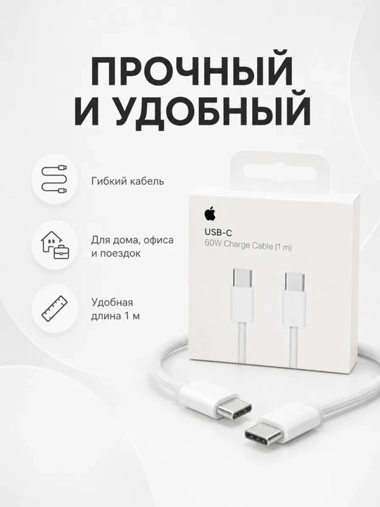Apple Кабель Type-C to Type-C для iPhone 15/16/17/18, USB-C, 60W, 1 метр, NFC