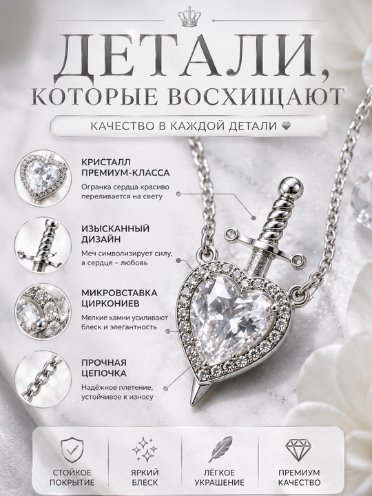 Парные кулоны «Сердце и меч» для влюблённых, символ любви