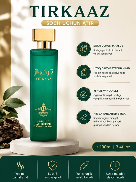 TIRKAAZ soch uchun atir 100 ml uzoq saqlanuvchi yoqimli hid premium hair perfume - 
