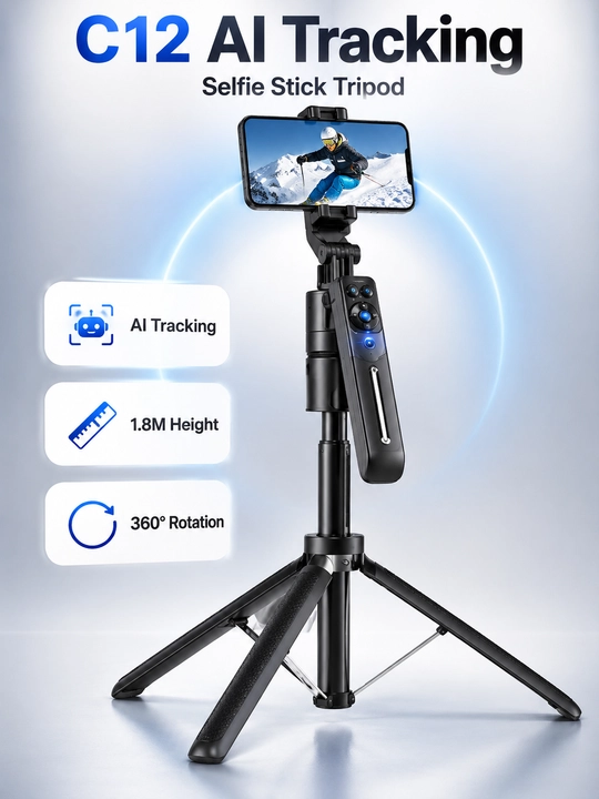 C12 AI Tracking Tripod 1.8M – 360° Kuzatuvli Bluetooth Pultli Telefon Shtativi - 
