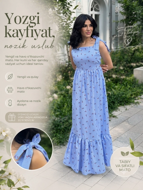 Ayollar yozgi ko‘ylagi, bosh qismi bilan, kundalik kiyish uchun qulay