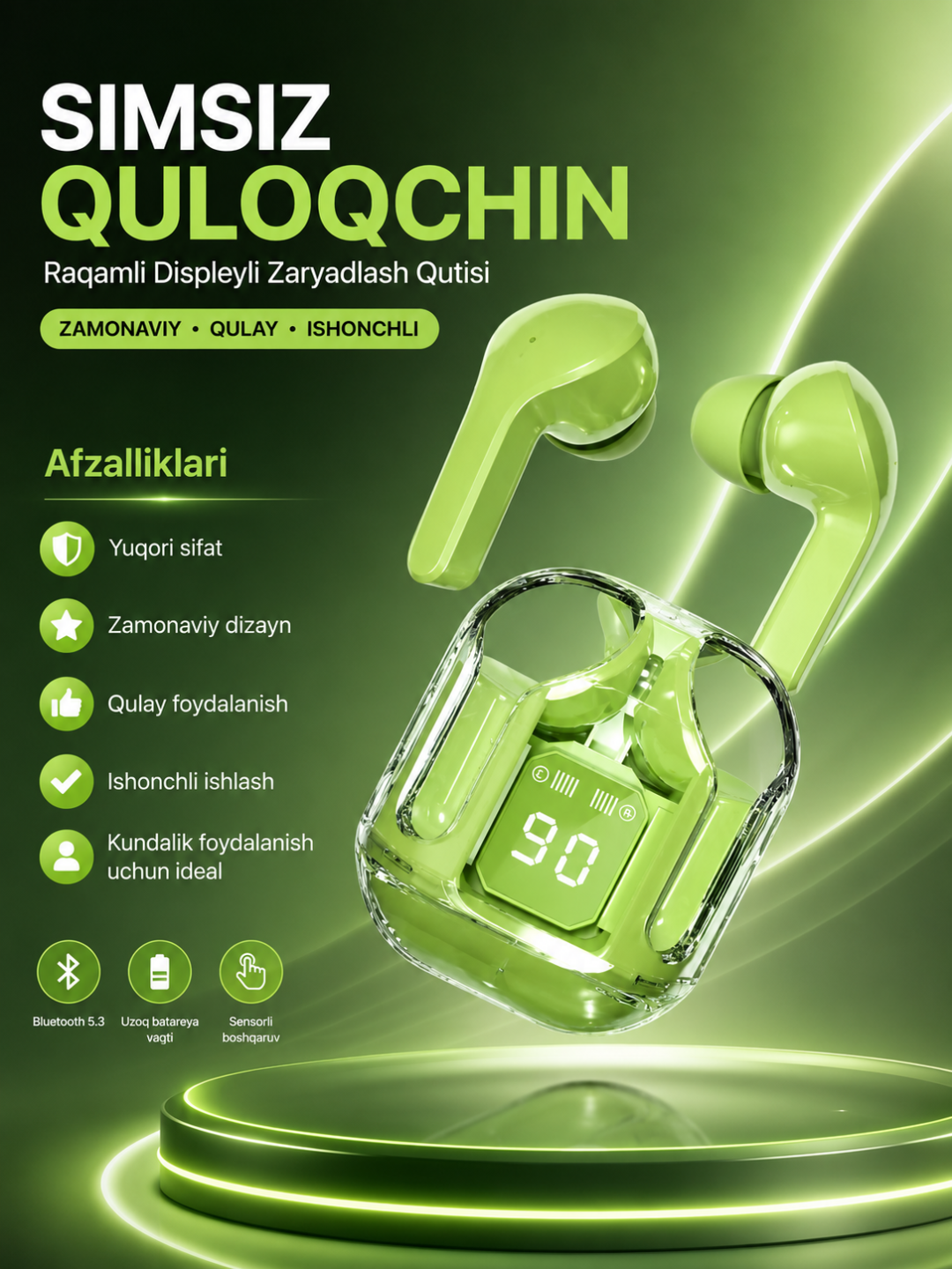 LED displey va Type-C quvvatlash qutisi bilan jihozlangan simsiz TWS AIBT Bluetooth 5.3 quloqchinlari - 