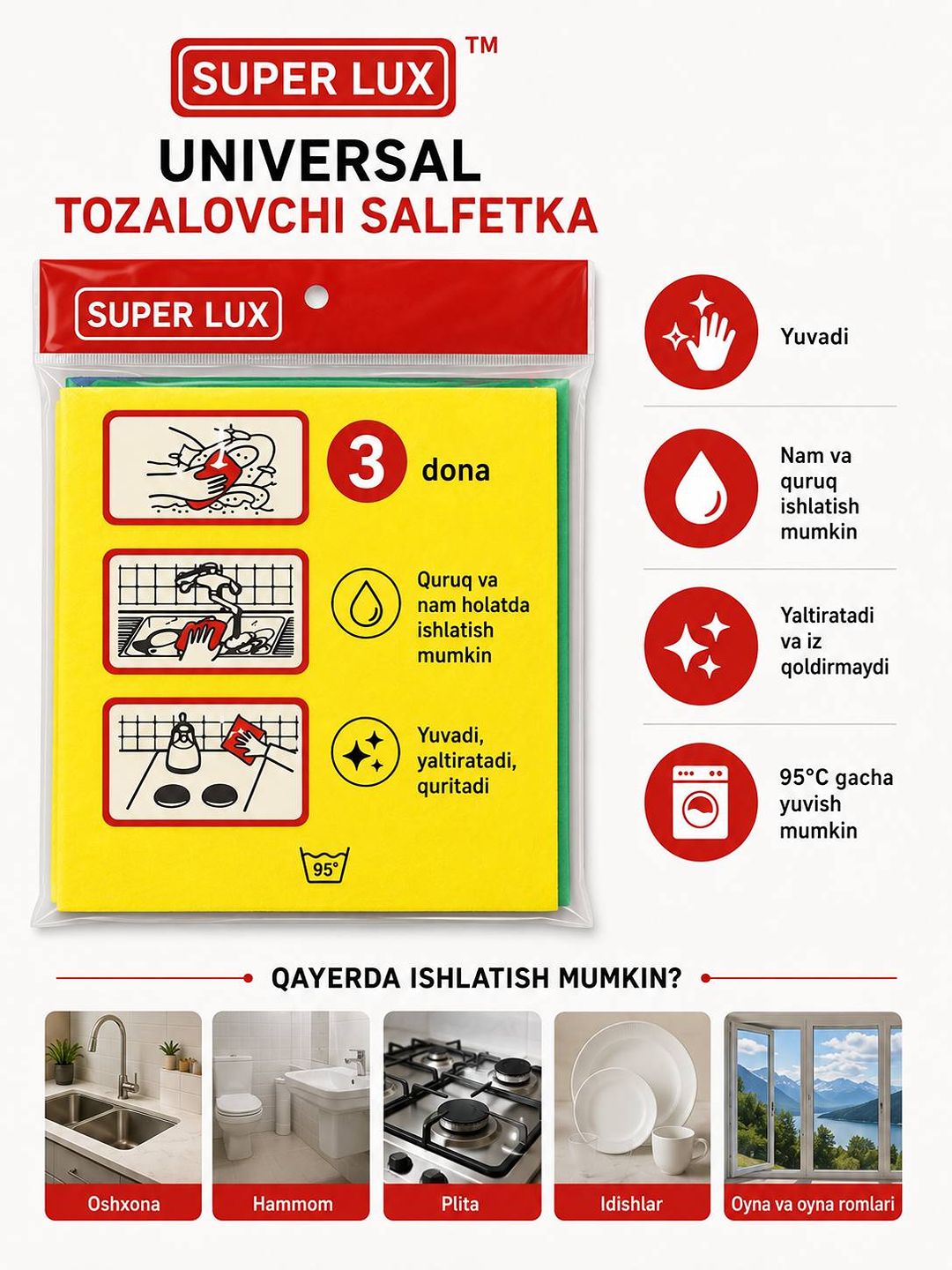 SUPER LUX Tozalash uchun universal salfetkalar - 3 dona, oshxona uchun ko‘p martalik salfetkalar - 
