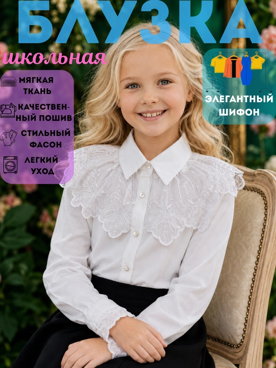 Блузка-рубашка школьная для девочки, кофта из шифона, Пекин, 7-11лет - 