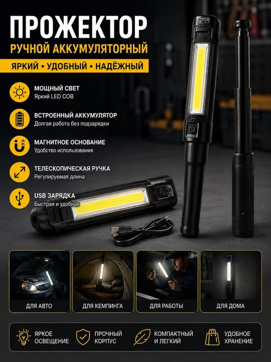 Ko‘p funksiyali LED fonar. Kemping va avariya yoritgichi - 
