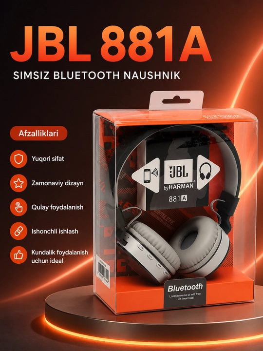 Kuchli bas va uzoq muddat xizmat qiladigan JBL 881A Bluetooth simsiz quloqchinlari - 