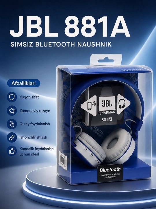 Kuchli bas va uzoq muddat xizmat qiladigan JBL 881A Bluetooth simsiz quloqchinlari - 