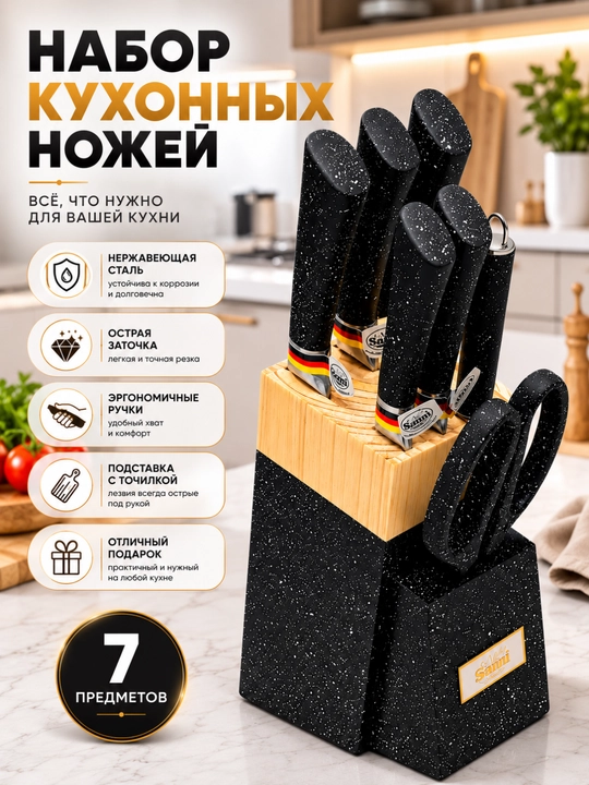 Набор кухонных ножей 7 предметов с подставкой ножницы точилка нержавеющая сталь