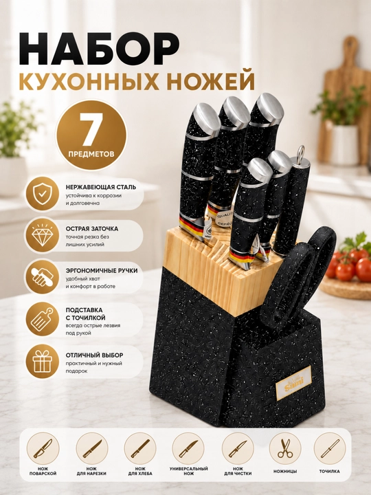 Набор кухонных ножей 7 предметов с подставкой ножницы точилка нержавеющая сталь