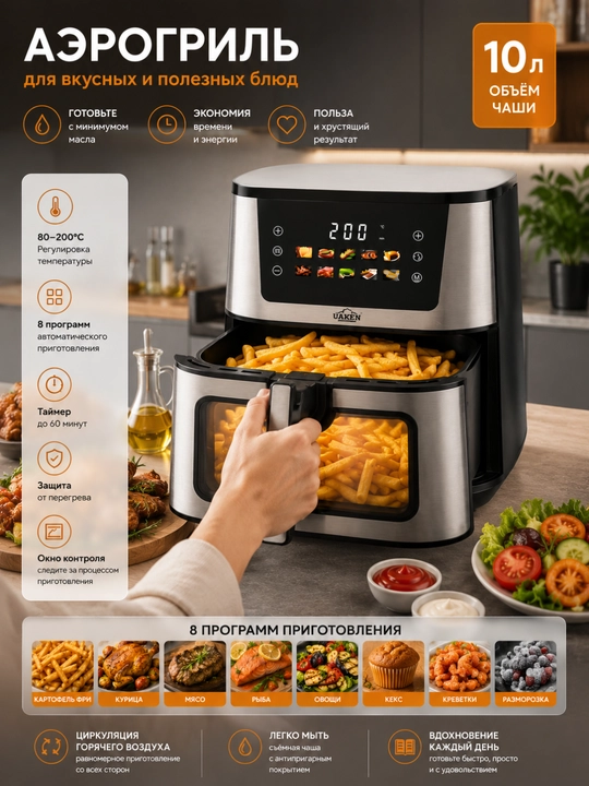 Air Fryer 10 l 3900 Vt quvvatli moysiz sensorli elektr qovurish moslamasi