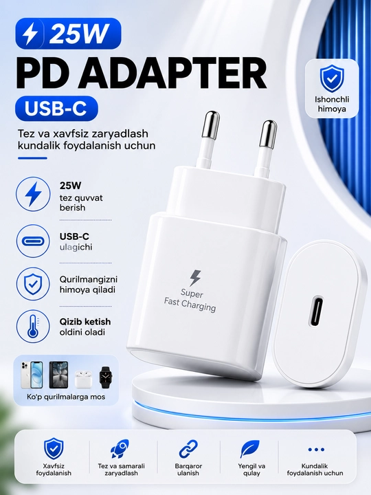 Zaryadlovchi qurilma, galovka, 25W zaryadlash, Samsung PD adapter Type-c - 
