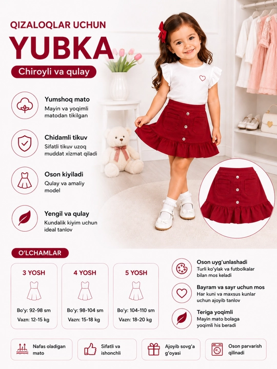 Красные, белые и бордовые юбки для девочек 3–5 лет, хлопковые, с карман, для повседневной