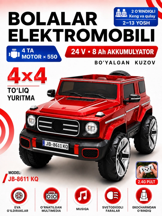 24V bolalar elektromobili, 4×4, 4 ta 550 motor, LED, Bluetooth, APP boshqaruv - 