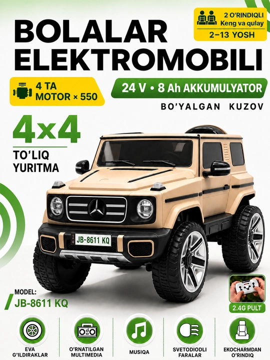 24V bolalar elektromobili, 4×4, 4 ta 550 motor, LED, Bluetooth, APP boshqaruv - 