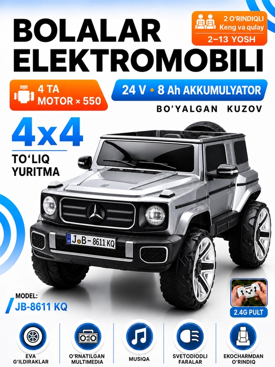 24V bolalar elektromobili, 4×4, 4 ta 550 motor, LED, Bluetooth, APP boshqaruv - 