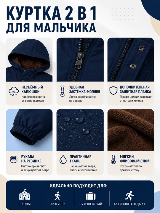 Куртка для мальчика 2 в 1, демисезонная ветровка с флисовой кофтой для школы и прогулок