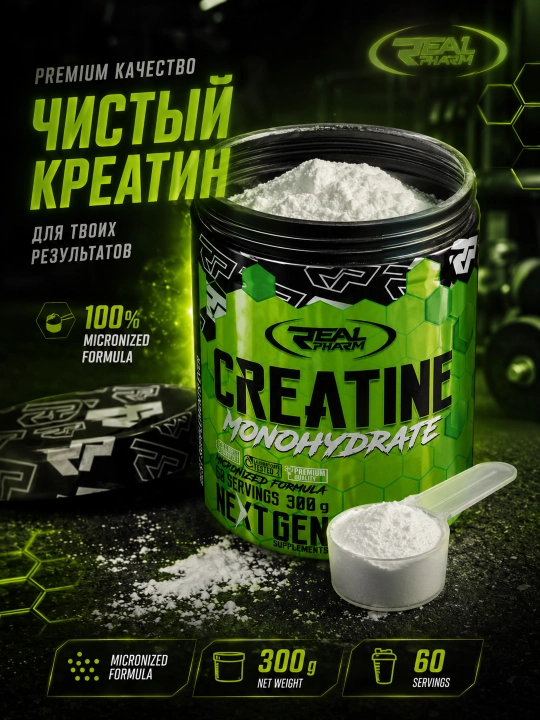 Real Pharm Креатин моногидрат 300 г, 60 порций, без вкуса, для силы и массы