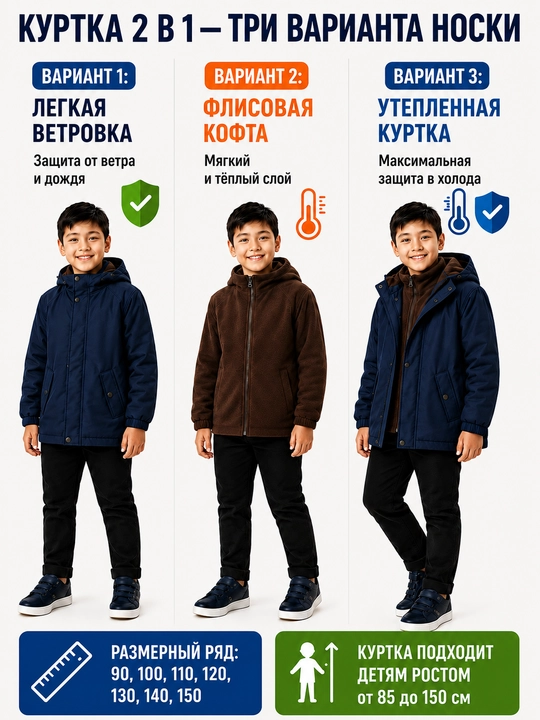 Куртка для мальчика 2 в 1, демисезонная ветровка с флисовой кофтой для школы и прогулок