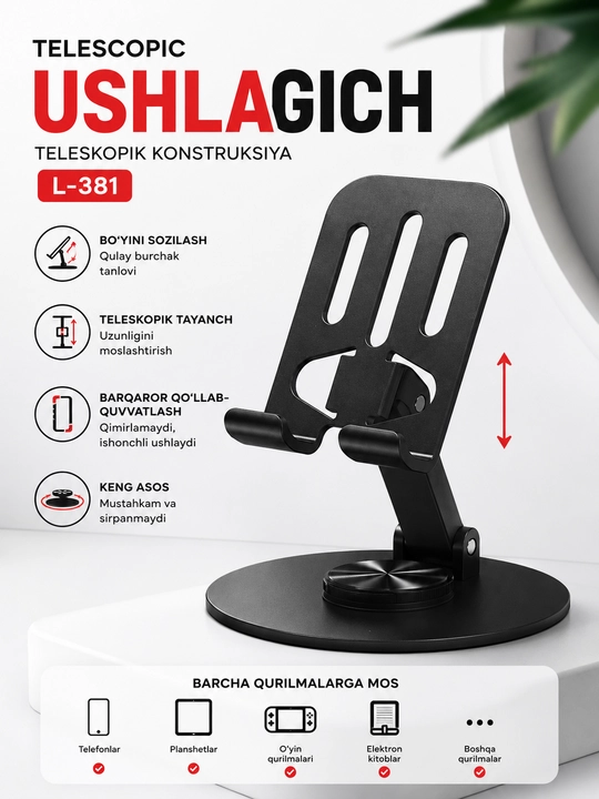 Universal avtomobil va stol usti telefon ushlagichi 360° burilish - 