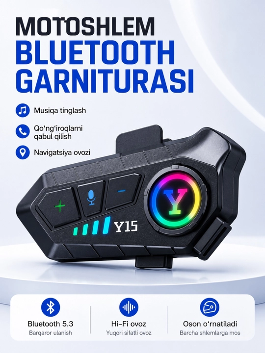 Bluetooth гарнитура y15 для мотошлема, bluetooth 5.3, hi-fi звук, ipx6 - 