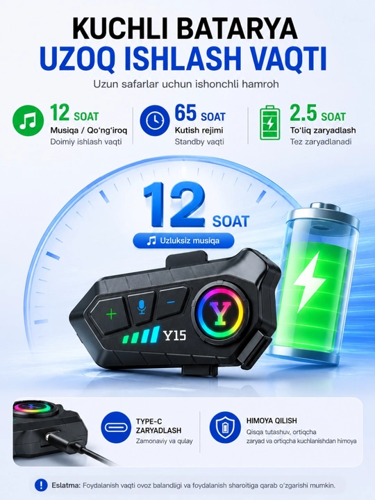 Bluetooth гарнитура y15 для мотошлема, bluetooth 5.3, hi-fi звук, ipx6
