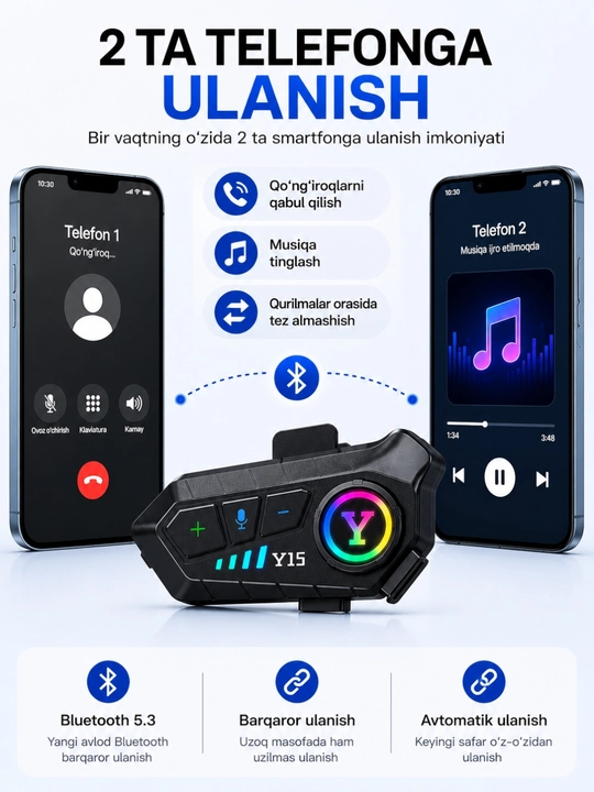 Bluetooth гарнитура y15 для мотошлема, bluetooth 5.3, hi-fi звук, ipx6