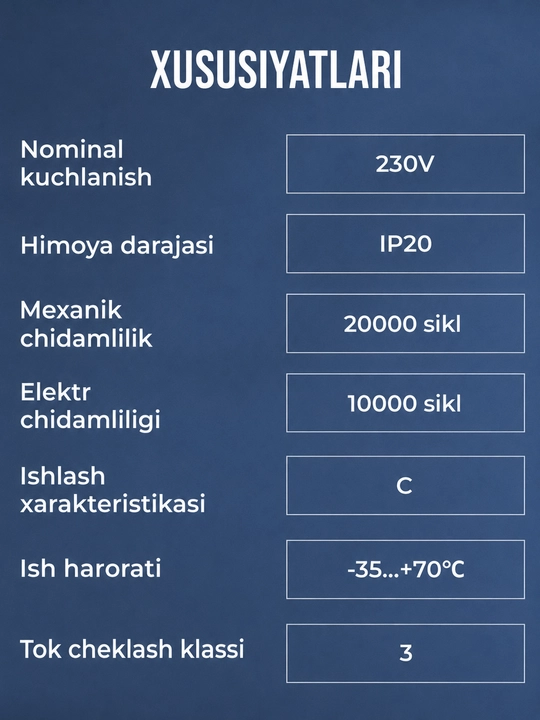 Avtomatik o‘chirgich CHINT NXB-63, 2P 6-63A 6 kA, C xarakteristikasi
