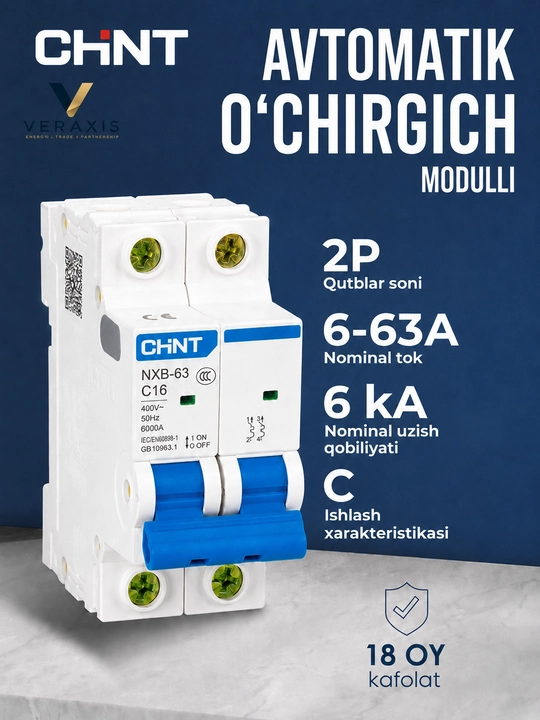 Avtomatik o‘chirgich CHINT NXB-63, 2P 6-63A 6 kA, C xarakteristikasi - 