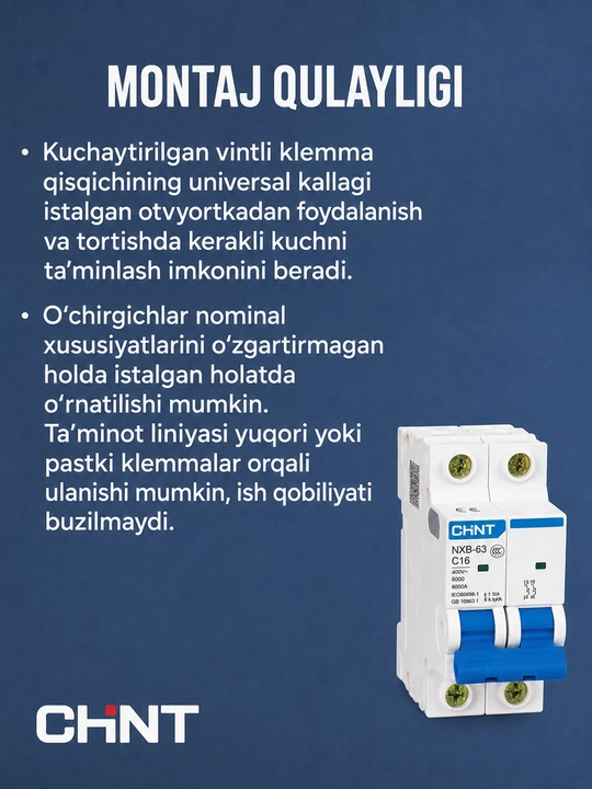 Avtomatik o‘chirgich CHINT NXB-63, 2P 6-63A 6 kA, C xarakteristikasi