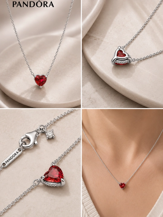 Серебряное колье Pandora с красным сердцем, серебро 925 пробы 392542C01