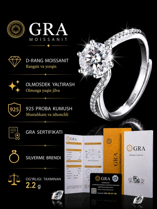 GRA Moissanite 1 karat toshli ayollar uzugi, 925 Proba Sterling kumush uzuk