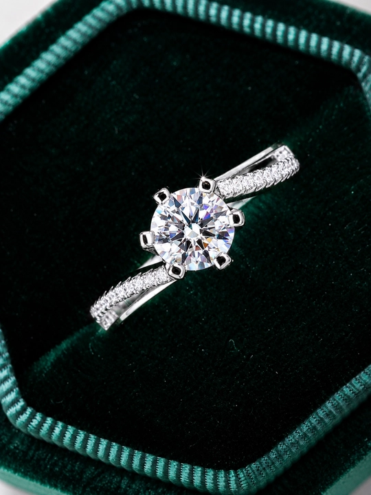 GRA Moissanite 1 karat toshli ayollar uzugi, 925 Proba Sterling kumush uzuk