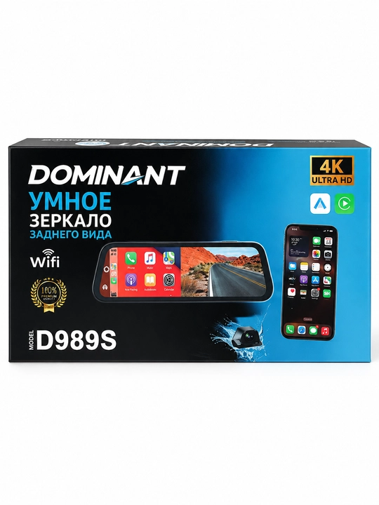 Videoregistrator DOMINANT D989S 4K Ultra HD Wi-Fi CarPlay Android Auto 32GB fleshka bilan