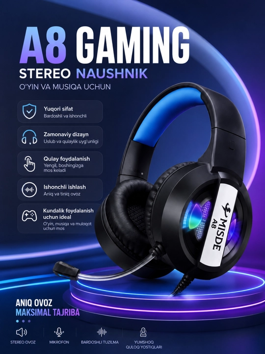 A8 Gaming Stereo Naushnik RGB LED Mikrofonli Simli Quloqchin Kompyuter va Telefon uchun - 