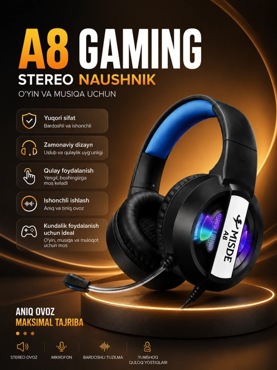 A8 Gaming Стерео Игровые Наушники с Микрофоном RGB LED для ПК, Ноутбука и Телефона - 
