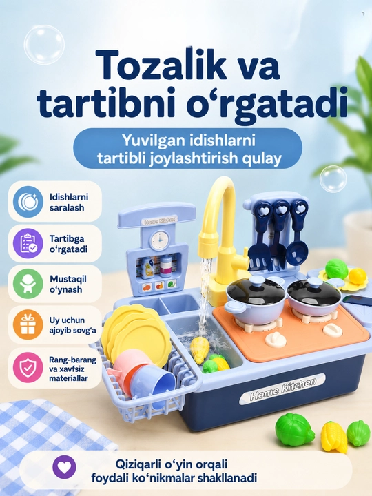 Idish yuvish mashinasi yordamida suvli oshxona bolalar o‘yin paketi