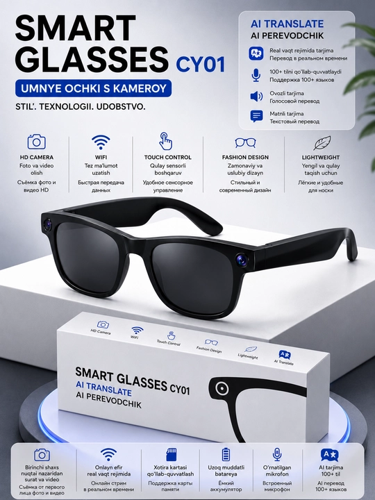 Smart Glasses CY01 – AI tarjimonli aqlli ko'zoynak - 