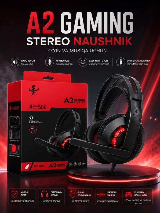 A2 Gaming Stereo Naushnik Mikrofonli RGB LED Simli Quloqchin PC, Laptop va Telefon uchun - 