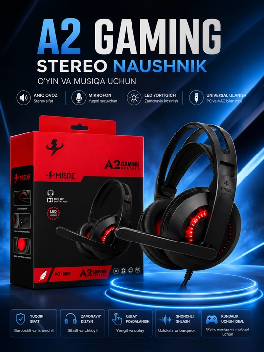 A2 Gaming Стерео Игровые Наушники с Микрофоном RGB LED для ПК, Ноутбука и Смартфона - 
