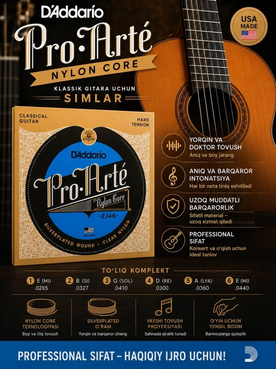 D’Addario Pro-Arte EJ46 Hard Tension – klassik gitara uchun neylon torlar, 6 torli - 