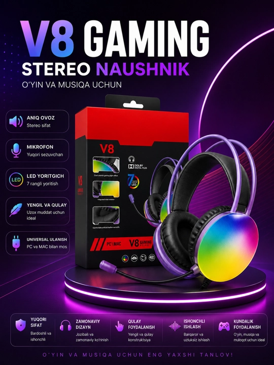 V8 Gaming Stereo Naushnik RGB LED Mikrofonli Simli Quloqchin PC, Laptop va Telefon uchun - 